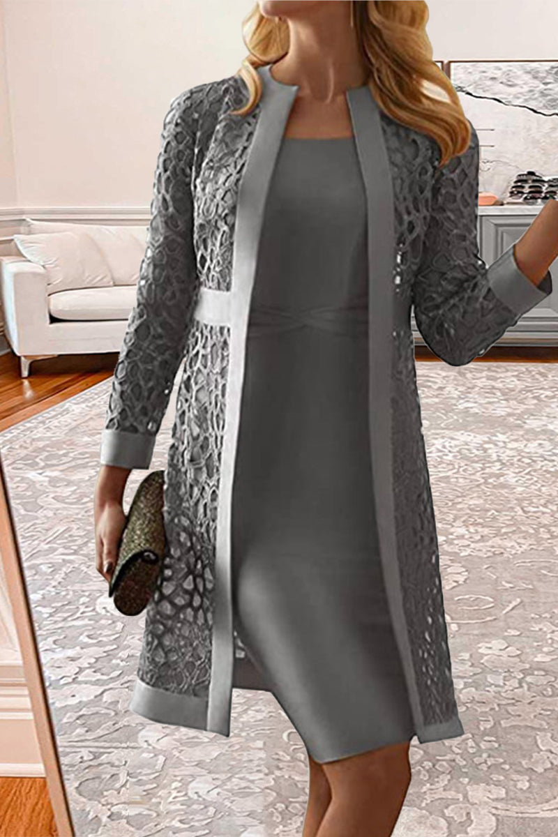 Champagne Elegant Solid Lace Hollowed Out Long Sleeve Two Pieces Dress(8 Colors)