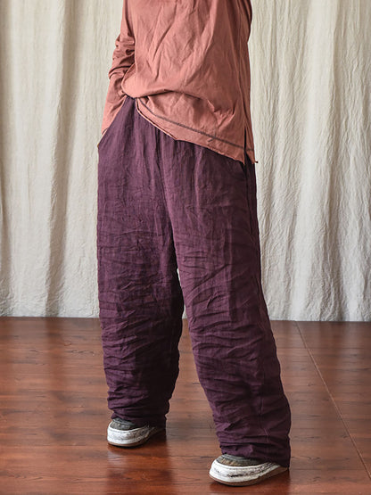 Women Spring Casual Solid Loose Elastic Waist Linen Pants