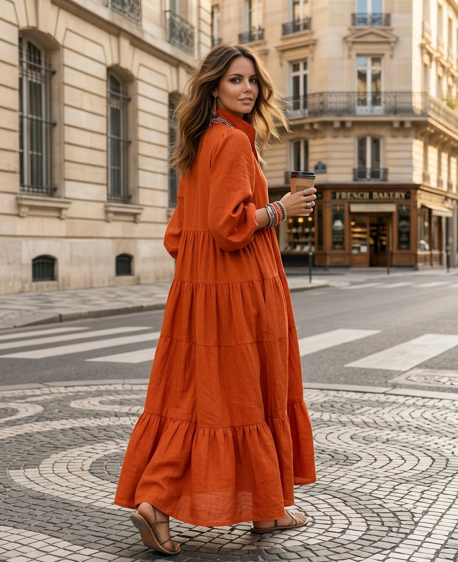Women's Casual Orange Cotton-Linen Maxi Dress With Half-Zip Collar And Three-Quarter Sleeves