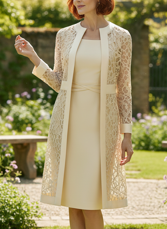 Champagne Elegant Solid Lace Hollowed Out Long Sleeve Two Pieces Dress(8 Colors)