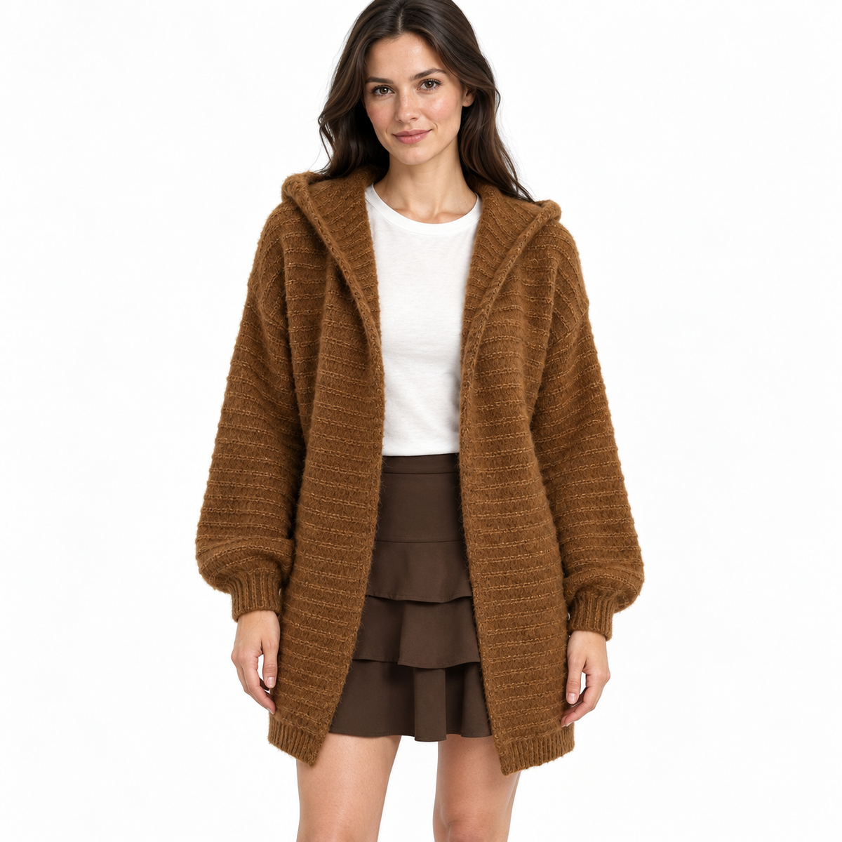 Women's Hooded Wool Cardigan – Longline Open-Front Knit Sweater