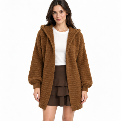 Women's Hooded Wool Cardigan – Longline Open-Front Knit Sweater
