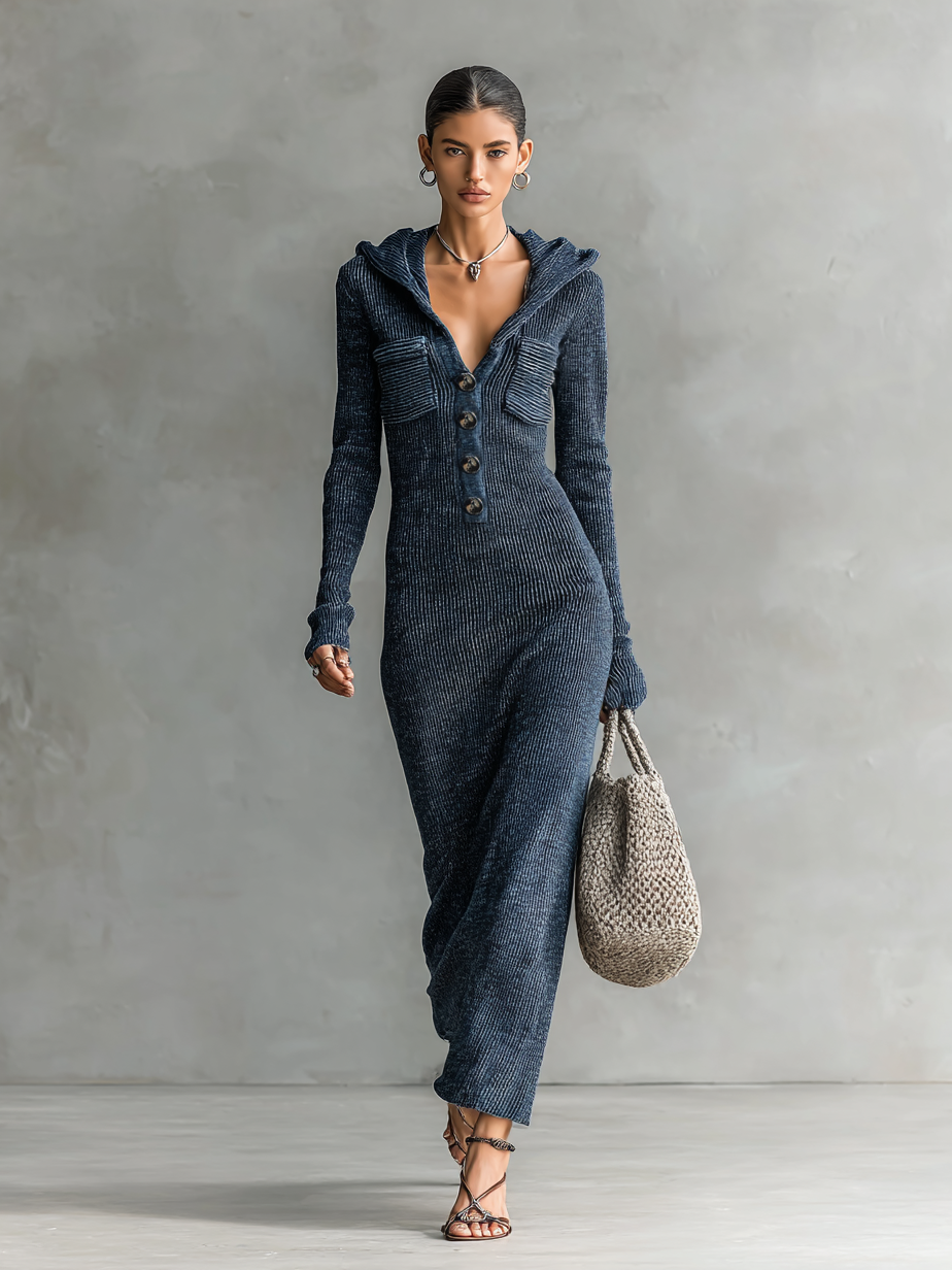 Women's Slim-fit Hooded Knitted Maxi Dress