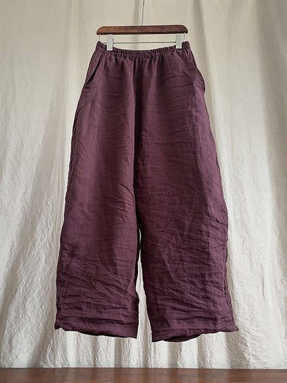 Women Spring Casual Solid Loose Elastic Waist Linen Pants