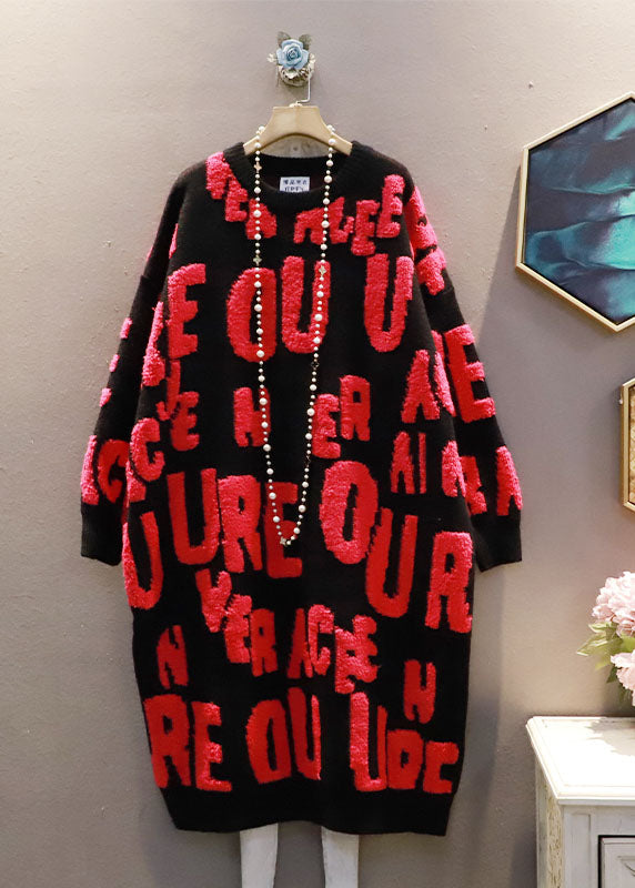 Italian White O-Neck Oversized Letter Jacquard Long Sweater Winter