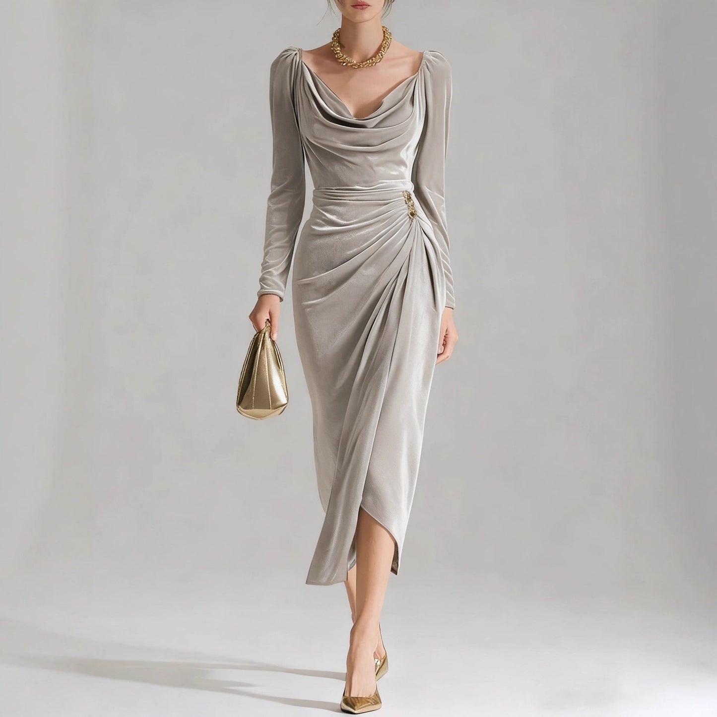 Draped Satin Midi Dress – Effortless Glamour, All-Day Confidence
