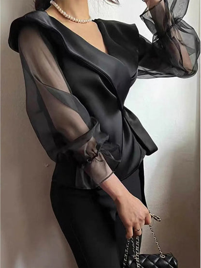 Elegant Plain Surplice Neck Long Sleeve Lace Up Blouse