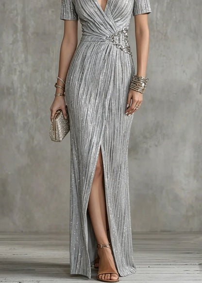 Chic Silver V Neck Zircon Slim Fit Long Dresses Summer