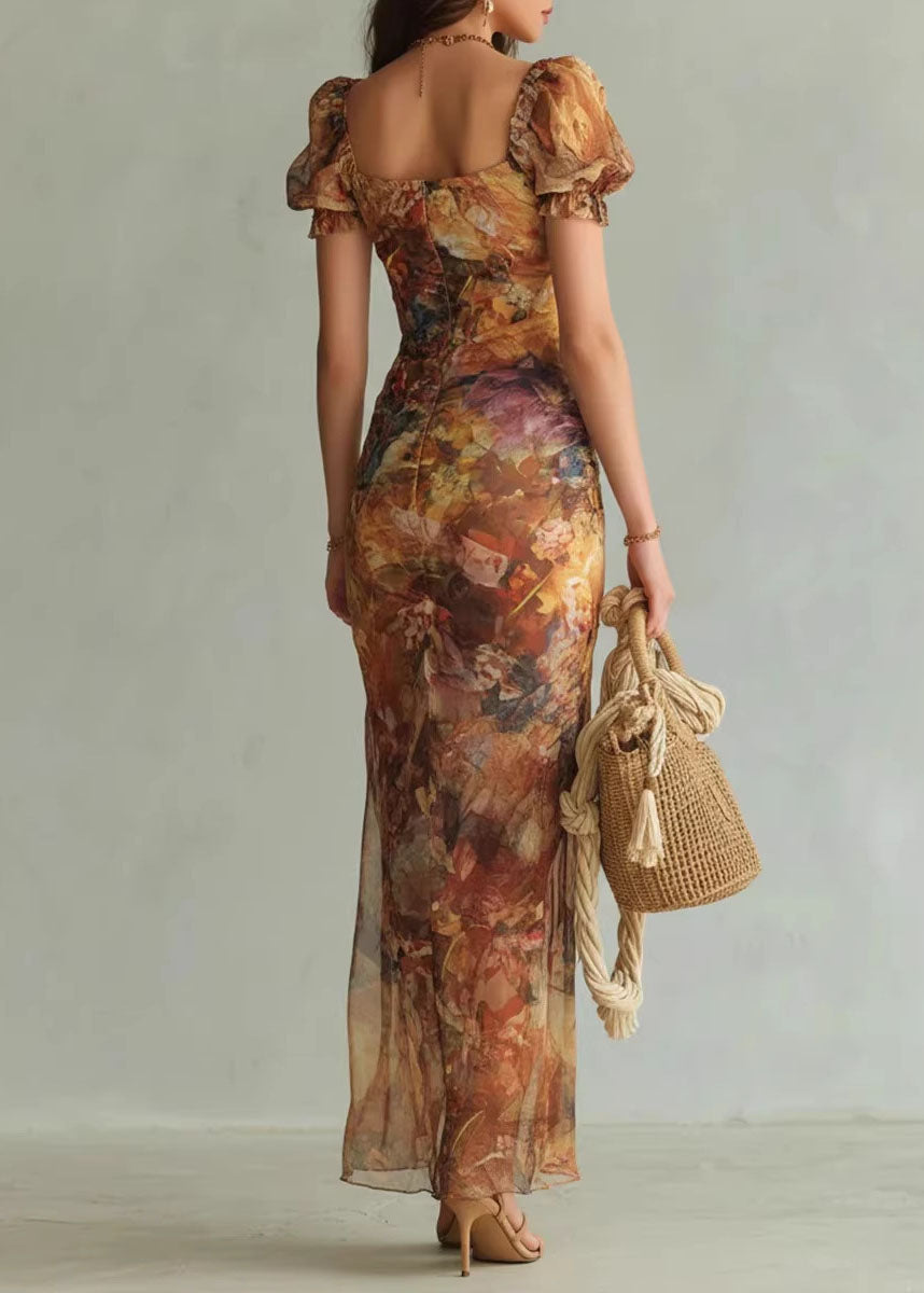 2026 New V-Neck Ruffle Print Side Open Chiffon Dress Summer
