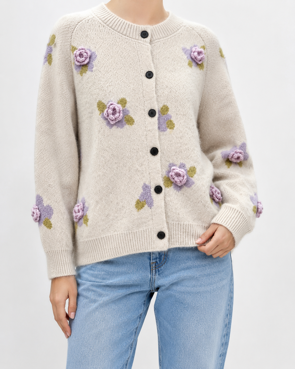 Women’s 3D Floral Wool Cardigan – Soft Relaxed-Fit Button-Up Sweater for Early Fall
