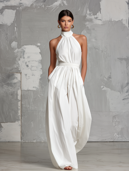 Women's Elegant White Woven Sleeveless Halter-neck Jumpsuit