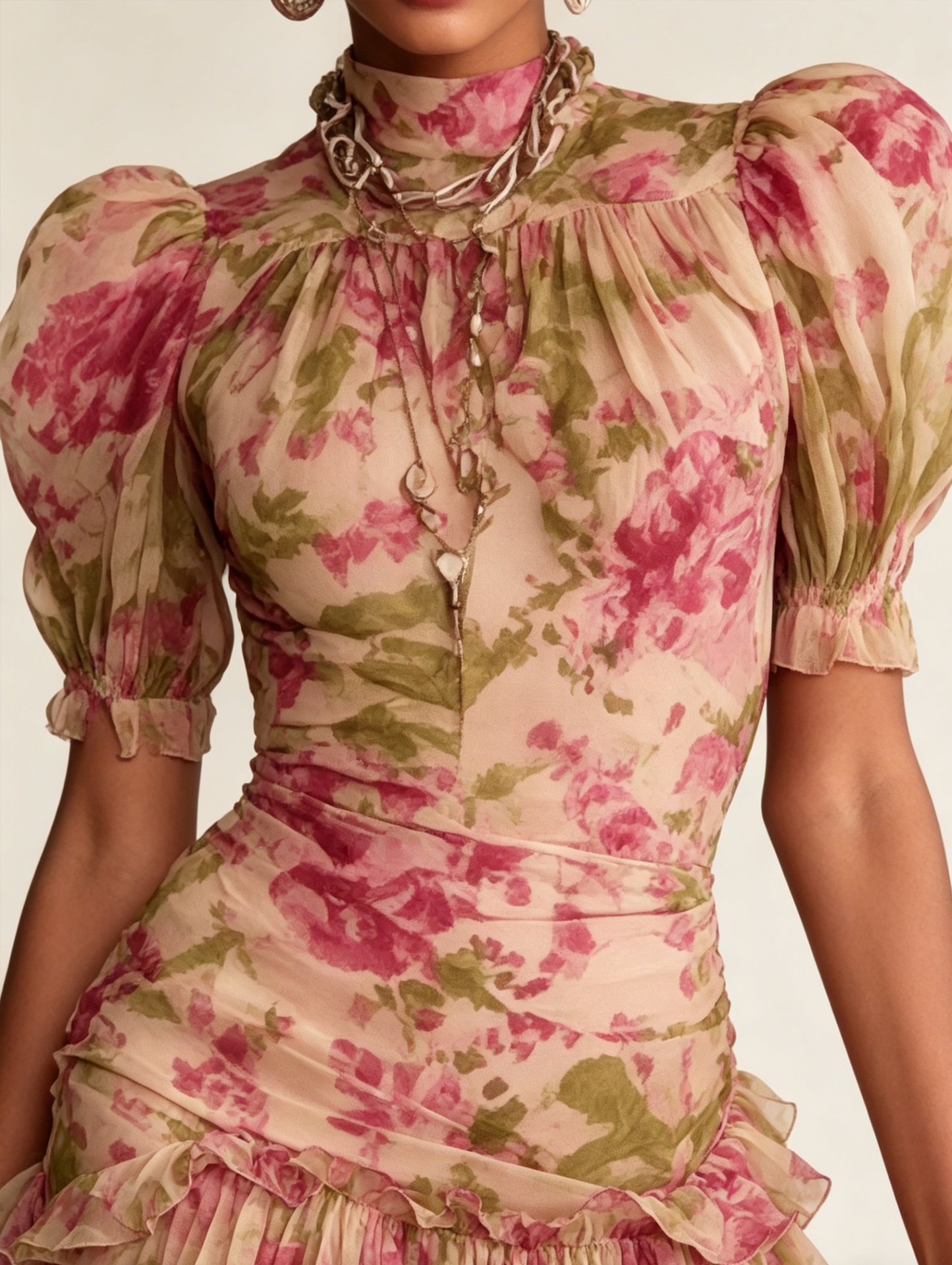 Women High Neck Puff Sleeve Ruffle Hem Floral Print Maxi Dress