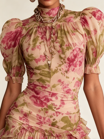 Women High Neck Puff Sleeve Ruffle Hem Floral Print Maxi Dress