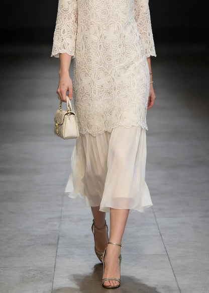 French Beige O Neck Patchwork Lace Dresses Summer