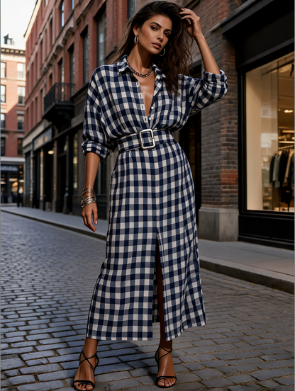 Women's Casual Commuter Style Blue And White Plaid Cotton Belted Front Slit Maxi Shirt Dress