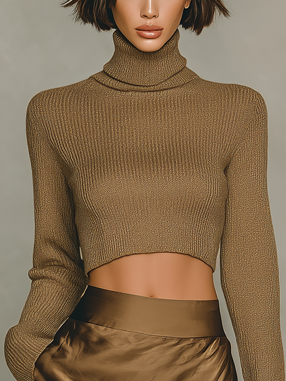 Women's Fashionable Gold-brown Turtleneck Long-sleeved Knit Top