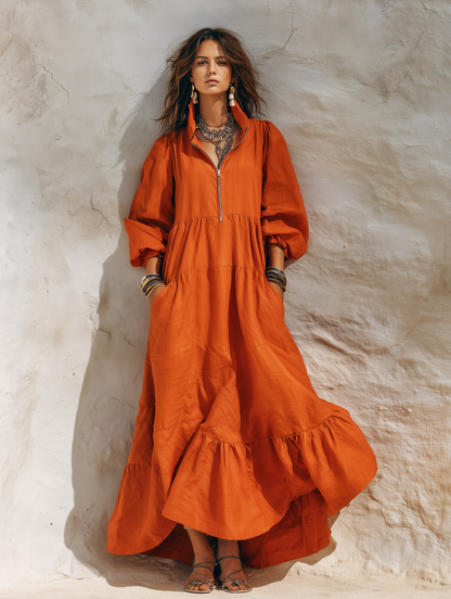 Women's Casual Orange Cotton-Linen Maxi Dress With Half-Zip Collar And Three-Quarter Sleeves