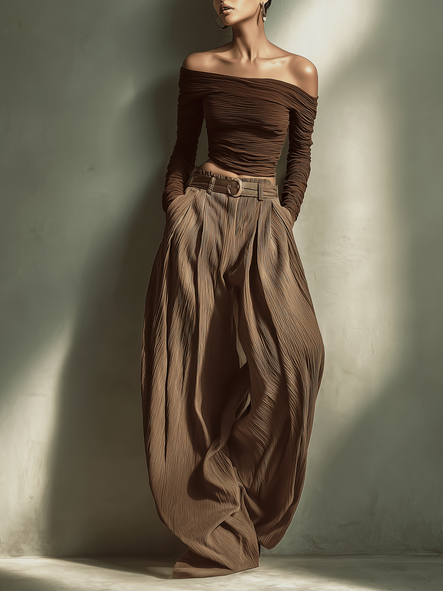 Women's Fashionable And Sexy Dark Brown Off-the-shoulder Long-sleeved Fitted Top Paired With Matching Wide-leg Trousers (belt Not Included)