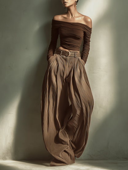 Women's Fashionable And Sexy Dark Brown Off-the-shoulder Long-sleeved Fitted Top Paired With Matching Wide-leg Trousers (belt Not Included)