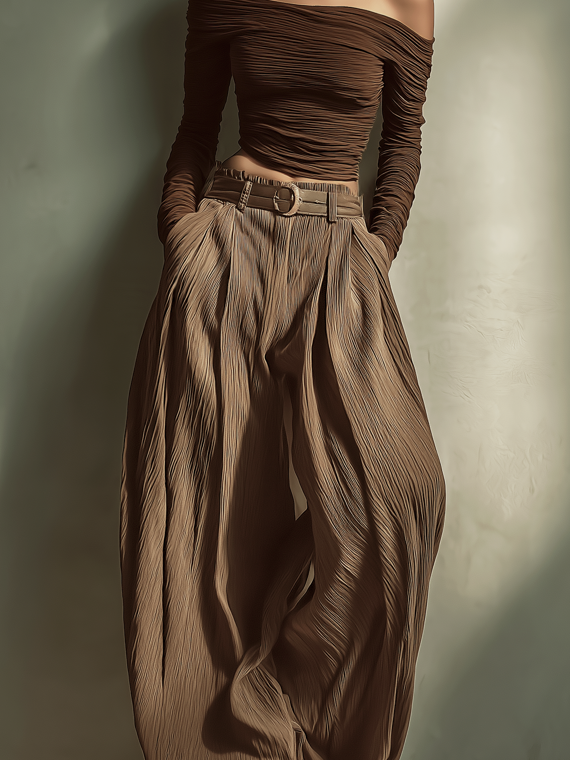 Women's Fashionable And Sexy Dark Brown Off-the-shoulder Long-sleeved Fitted Top