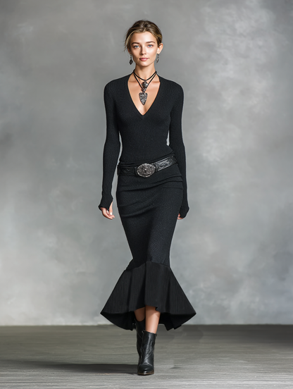 Women's Knitted V-neck Slim Long Sleeves Maxi Dress (Without Belt)