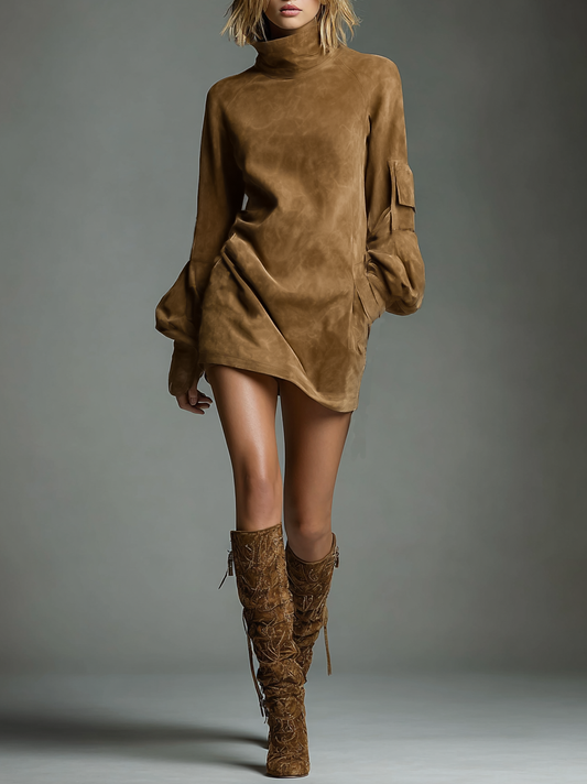 Women's Vintage Loose Suede Turtleneck Mini Dress