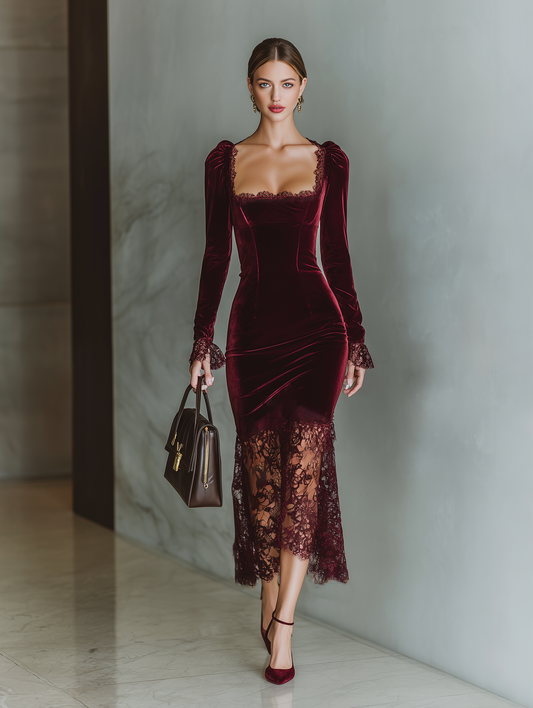 Women's Burgundy Velvet Lace Fitted Maxi Dress