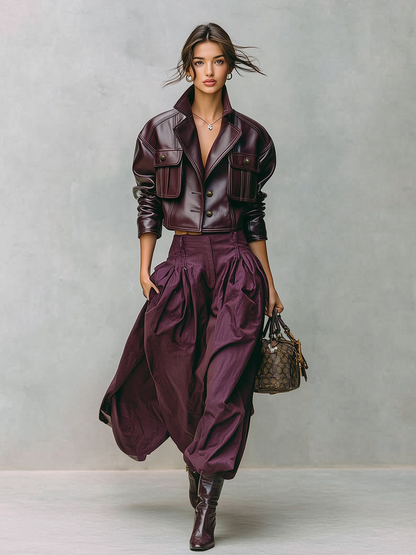 Women's Loose PU Leather Short Double Chest Pocket Jacket