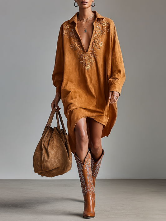 Women's Suede Loose Lapel V-neck Embroidered Long-sleeved Midi Dress