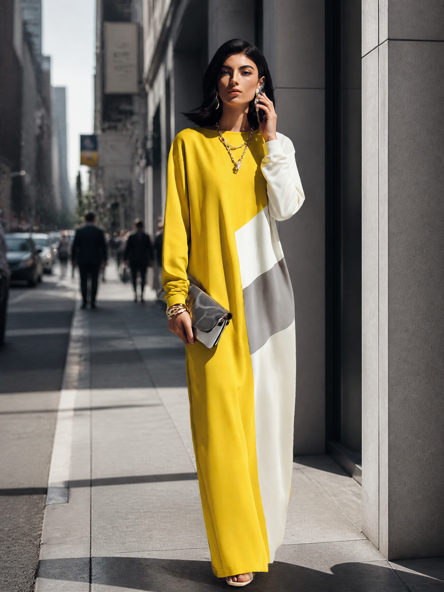 Women's Modern Elegant Yellow White Cotton Blend Color-Block Round Neck Long Maxi Dress