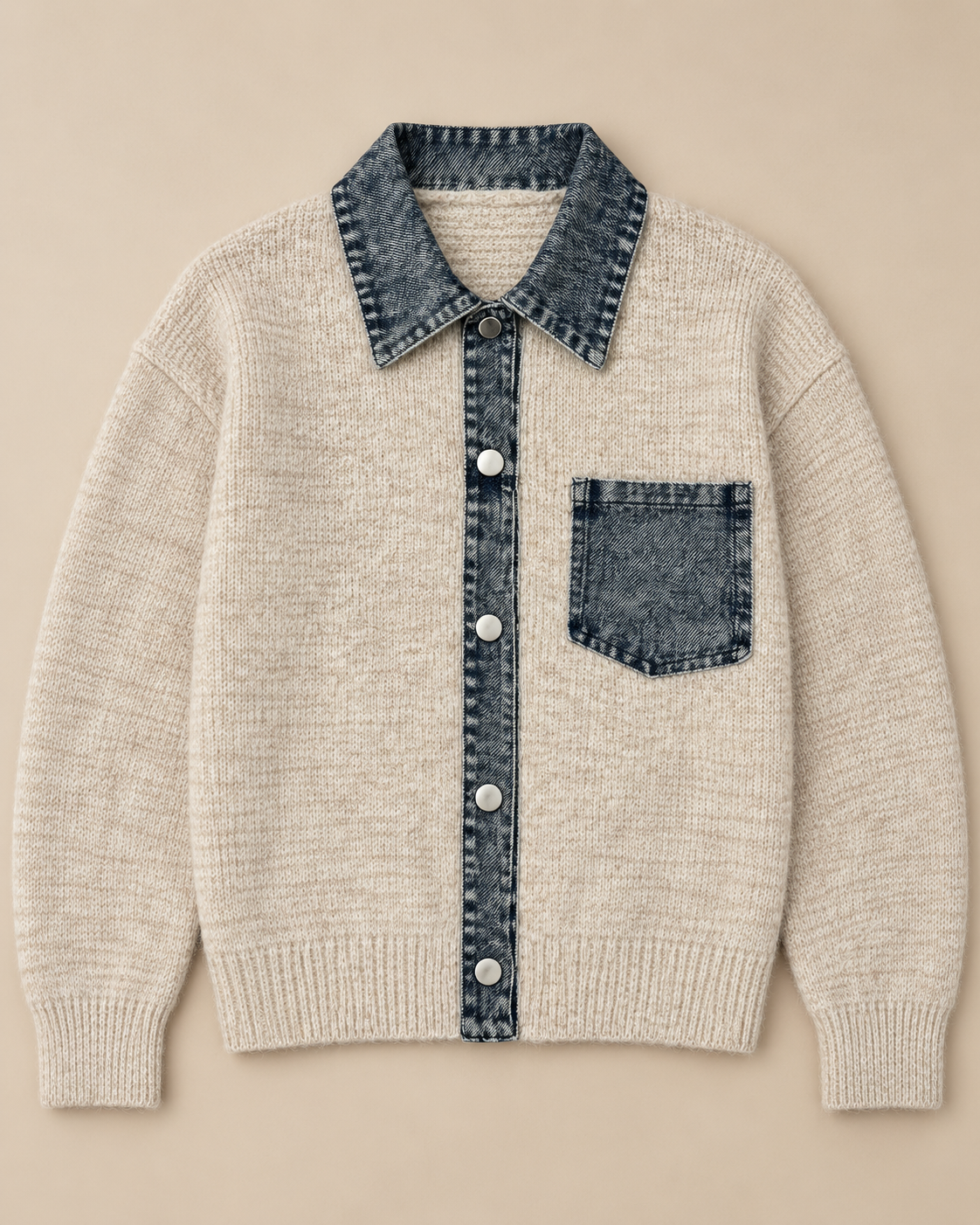 Women's Denim Trim Wool Cardigan – Collared Button-Front Knit Sweater