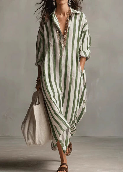 Loose Black V Neck Striped Pockets Cotton Dress Summer