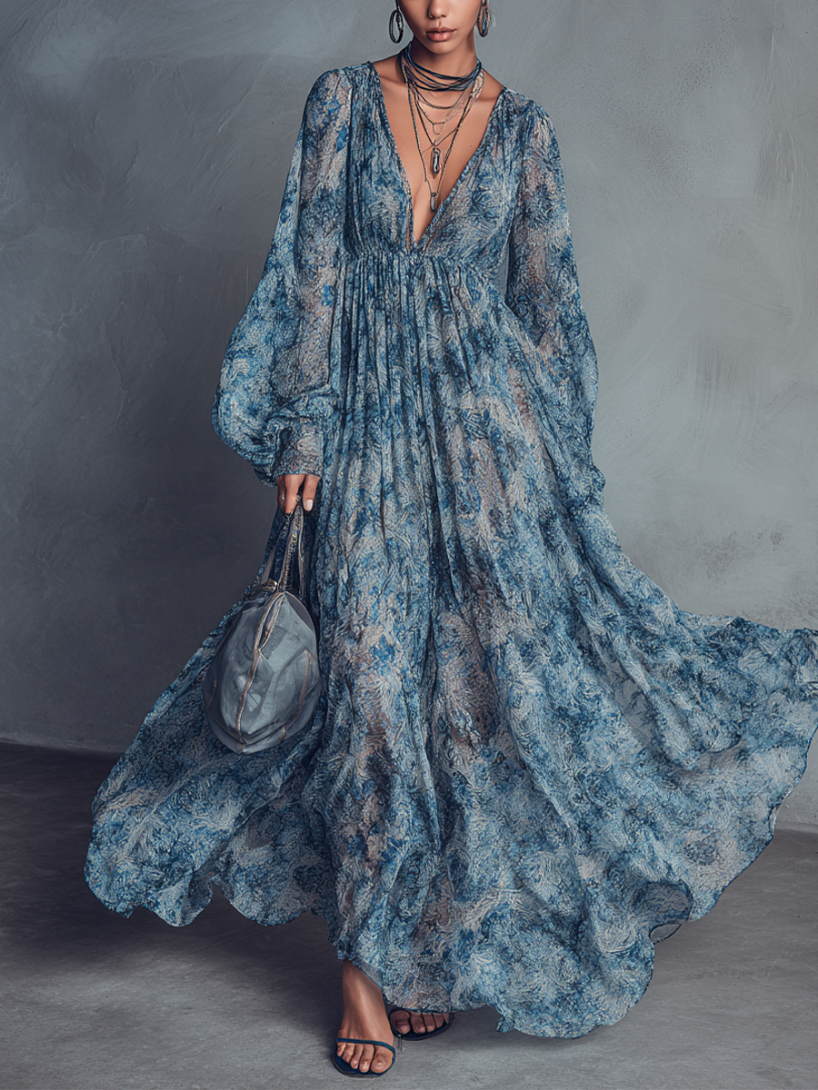 Women's Bohemian Style Blue Floral Print V-Neck Lantern Sleeve Chiffon Maxi Dress