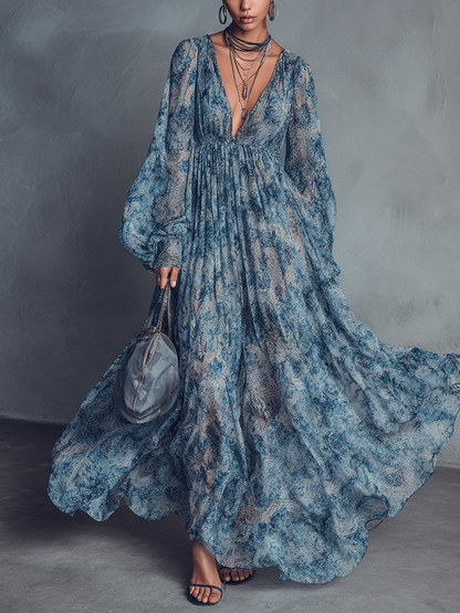 Women's Bohemian Style Blue Floral Print V-Neck Lantern Sleeve Chiffon Maxi Dress