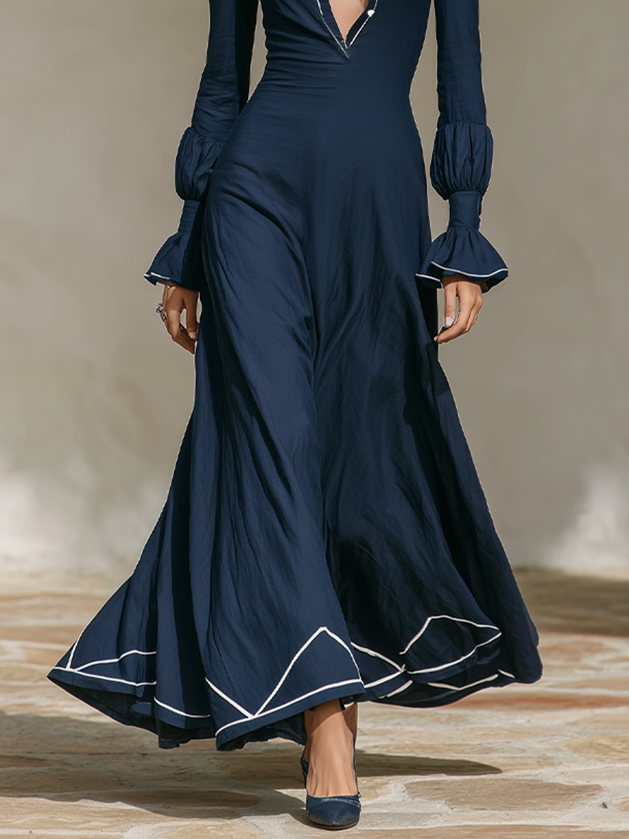 Women's Vacation Contrast Trim Flare Sleeve Maxi Dress
