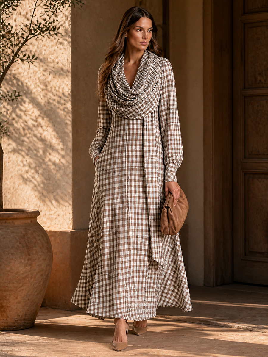 Women's Detachable Scarf Two Piece Vintage Plaid Cotton Lantern Sleeve Maxi Dress