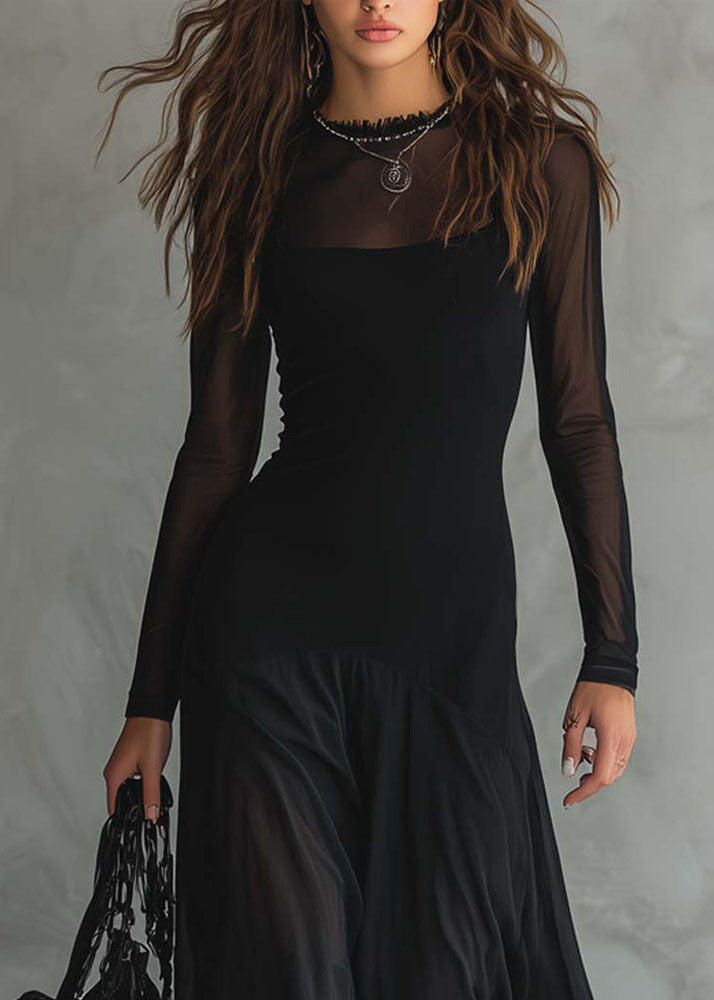 Style Black O Neck Patchwork Exra Large Hem Chiffon Dress Summer