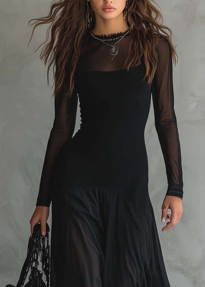Style Black O Neck Patchwork Exra Large Hem Chiffon Dress Summer