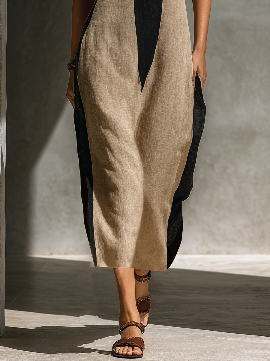 Women's Black And Beige Cotton Blend Halter Neck Midi Dress With Keyhole Cutout & Color Block Design