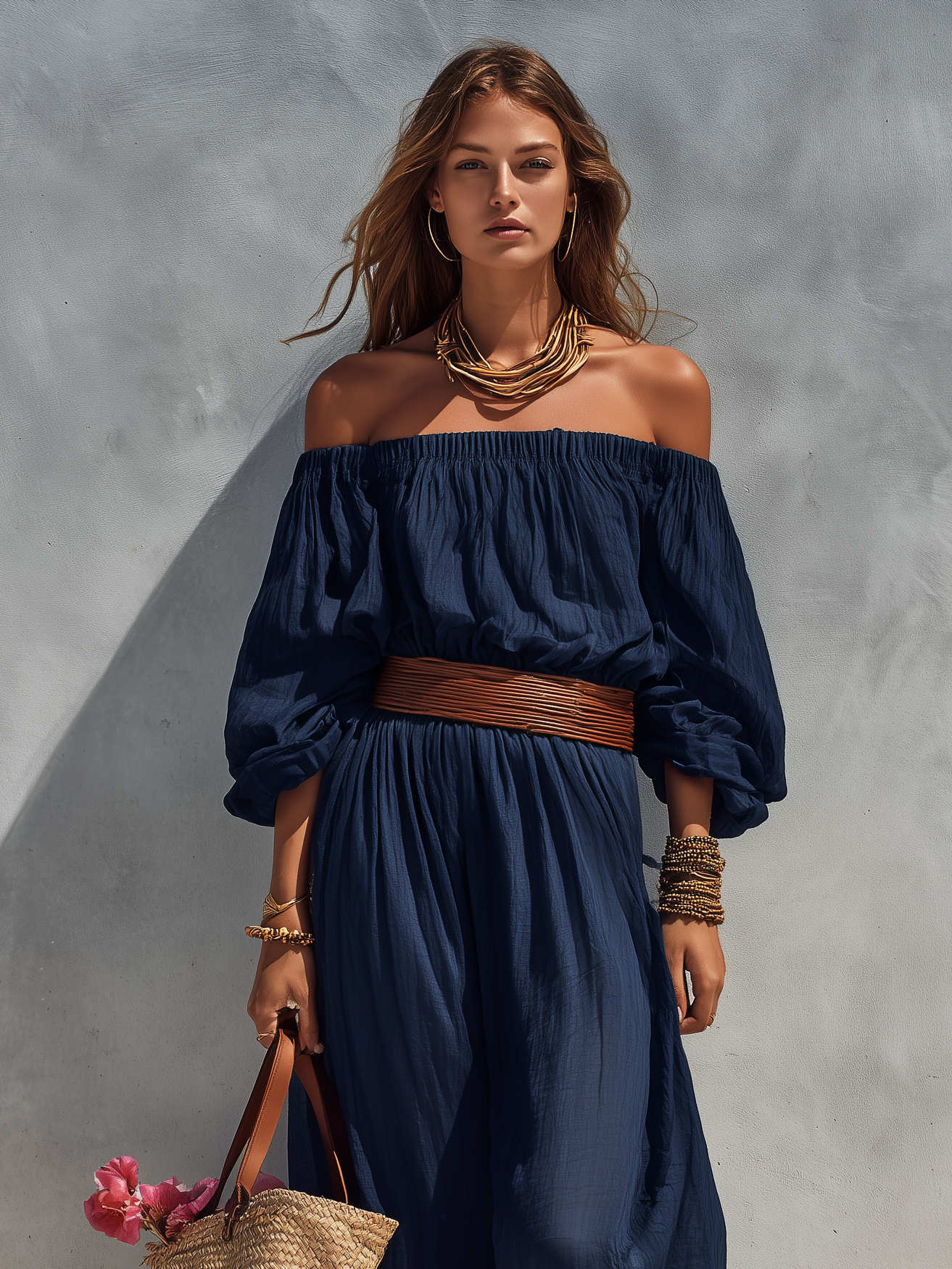 Women's Casual Dark Blue Cotton Linen Strapless Long-sleeved Dress (belt Not Included)