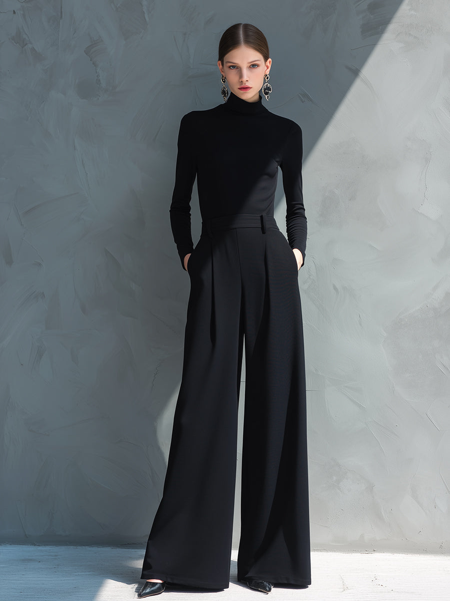 Women's Black Classic Knit Turtleneck Wide - Leg Jumpsuit