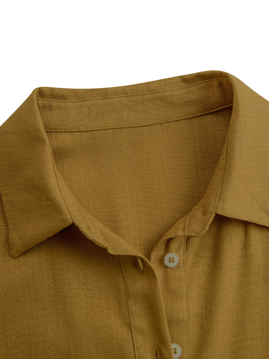 Women's Mustard Elegant Linen Blended Button - Front Belted Midi Shirt Dress
