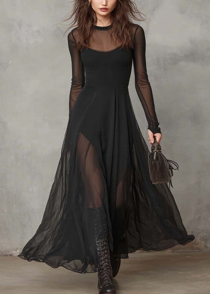 Style Black O Neck Patchwork Exra Large Hem Chiffon Dress Summer