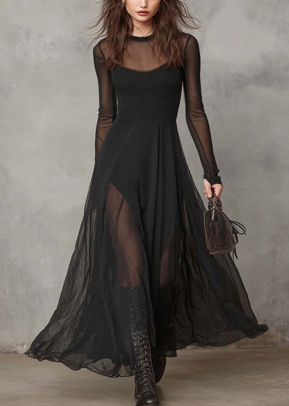 Style Black O Neck Patchwork Exra Large Hem Chiffon Dress Summer