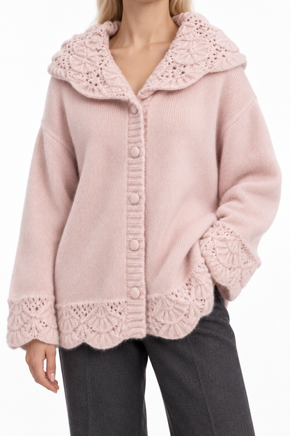 Women's Fluffy Knit Jacket – Scallop Hem Pearl Button Short Coat