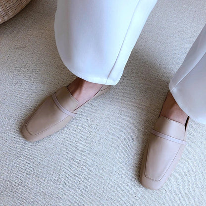 Cow Leather Square Toe Women Flats Casual Loafers Women Shoe Without Heel  New Spring Autumn Mules Woman Simple White Shoes