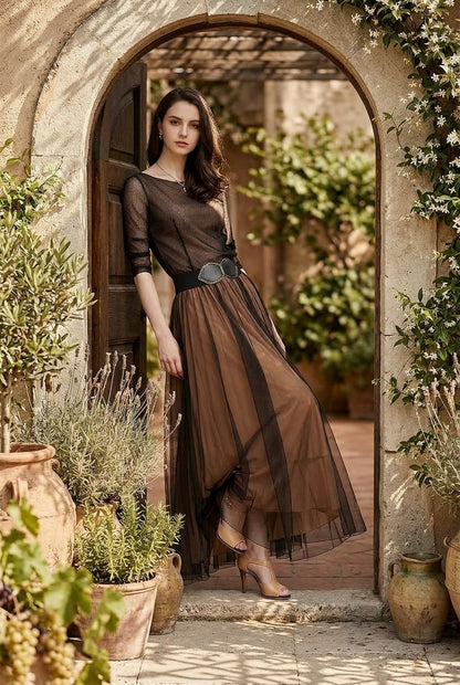 Elegant Plain Boat Neck Flowy Hem Maxi Dress <Ship in 24 hours>