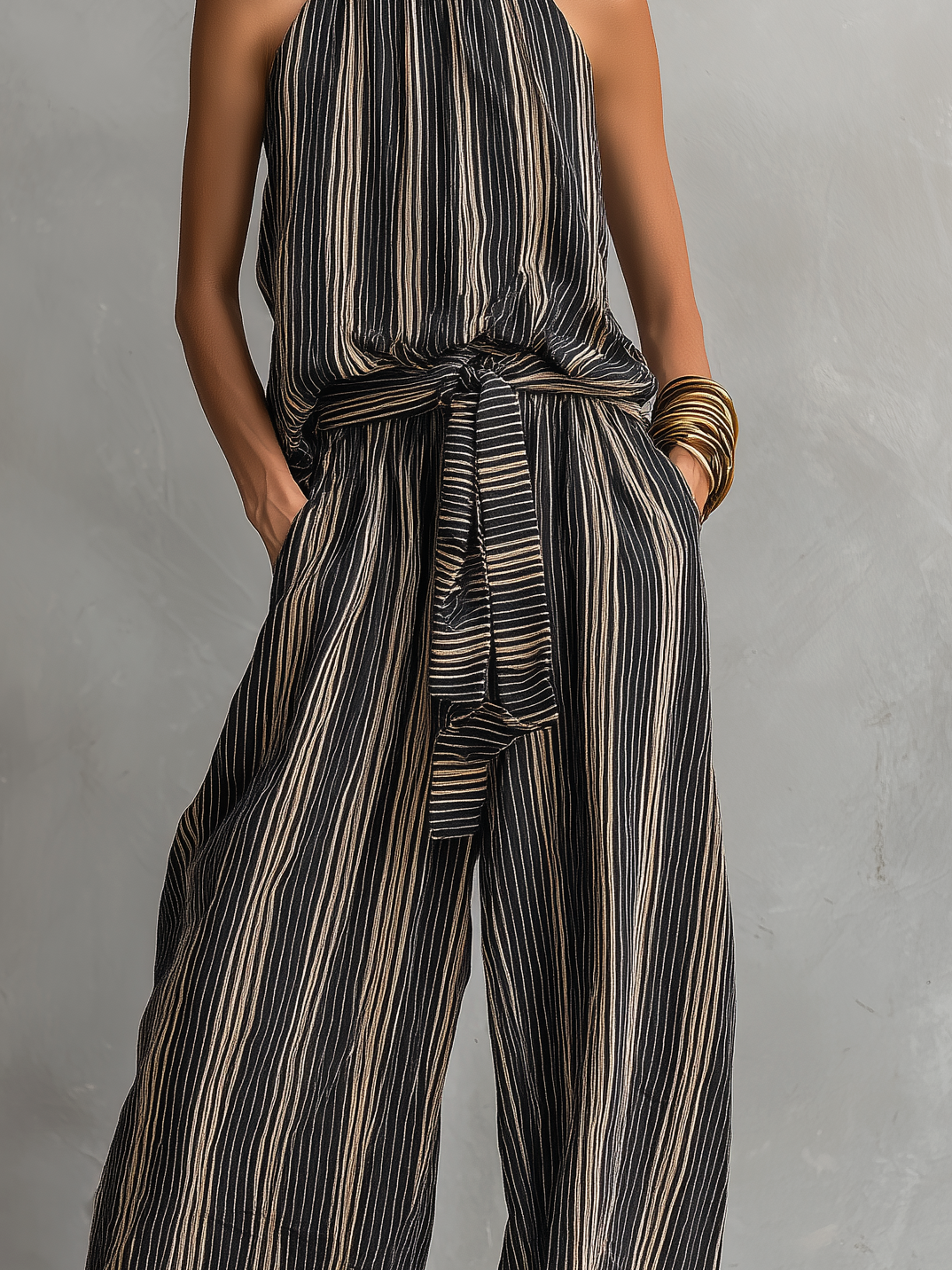 Women's Elegant Striped Printed Woven Round Neck Sleeveless Top Paired With Trousers Set