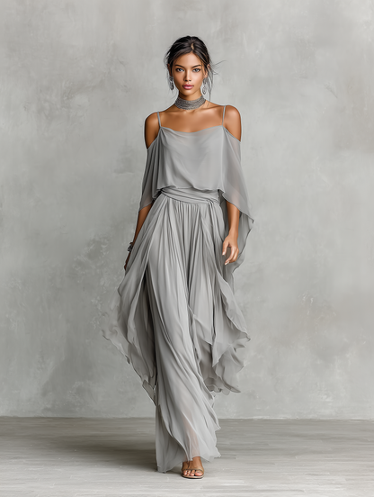 Women's Grey Breathable Chiffon Set With Cold-Shoulder Detail & Flared Silhouette, Contemporary Luxury-Feminine Style Set