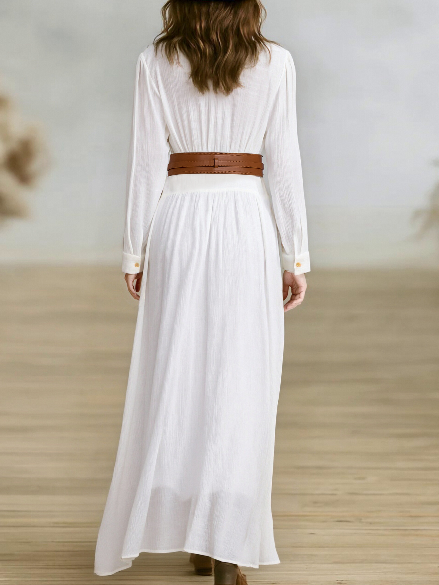 Women's Imitation Cotton And Linen Pleated Lapel Single-breasted Long-sleeved Maxi Dress